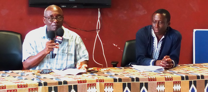GOC General Secretary, Richard Akpokavie (left) and Professor Francis Dodoo addressing the few delegates present at the abortive Congress